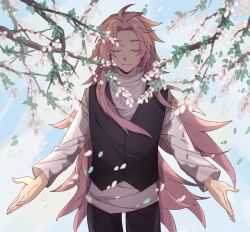 Rule 34 | 1boy, black pants, black vest, blue sky, chinese commentary, closed eyes, closed mouth, colored eyelashes, commentary request, cowboy shot, facing viewer, falling petals, hatsutori hajime, highres, long hair, long sleeves, male focus, pants, parted bangs, petals, pink hair, qiuqiulovemiao, saibou shinkyoku, shirt, sky, smile, solo, vest, white shirt