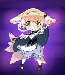 Rule 34 | 1girl, animal ears, apron, arknights, arm up, black corset, black footwear, black gloves, blue hairband, blue necktie, blue skirt, blush stickers, braided hair rings, cape, commentary, corset, fox ears, fox girl, fox tail, gloves, hairband, highres, kinbakuman, kitsune, kyuubi, looking at viewer, multiple tails, necktie, open mouth, outstretched arms, pantyhose, shirt, shoes, shukusei!! loli-gami requiem, single glove, skirt, smile, solo, suzuran (arknights), tail, white apron, white pantyhose, white shirt