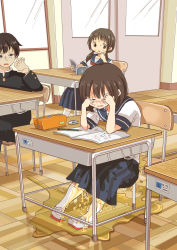 Rule 34 | 1boy, 2girls, arm up, black eyes, black hair, black shirt, blue sailor collar, blue skirt, blush, book, brown eyes, brown hair, chair, classroom, closed eyes, commentary request, crying, crying with eyes open, desk, door, embarrassed, eraser, full-face blush, highres, holding, holding book, indoors, kneehighs, long hair, long sleeves, looking at another, low twintails, manmi, multiple girls, neckerchief, nose blush, open book, open mouth, orange bag, original, pee, peeing, peeing self, pencil, pleated skirt, red neckerchief, sailor collar, school, school chair, school desk, shirt, shoes, short hair, short sleeves, sitting, skirt, socks, sweatdrop, tears, twintails, wet, wet clothes, white footwear, white legwear, white shirt