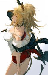 Rule 34 | 1girl, animal ears, arknights, arm up, ass, bare shoulders, black choker, black jacket, breasts, choker, cleavage, cowboy shot, ecien, female focus, from side, fur trim, gradient background, hammer, highres, holding, jacket, lion ears, lion tail, long hair, looking at viewer, medium breasts, midriff, mouth hold, off shoulder, ponytail, red shorts, shirt, short shorts, shorts, siege (arknights), sleeveless, sleeveless shirt, solo, strap slip, tail, thighs, white shirt