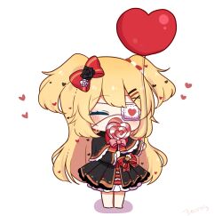 Rule 34 | 0725akaba, 1girl, akai haato, balloon, barefoot, black capelet, black dress, black flower, black rose, blonde hair, blush, bow, candy, capelet, chibi, closed eyes, dress, eyepatch, flower, food, full body, hair bow, hair flower, hair ornament, hairclip, heart, heart balloon, heart hair ornament, heart-shaped lollipop, highres, holding, holding balloon, hololive, lollipop, long sleeves, pink bow, pleated dress, red bow, rose, shadow, shaped lollipop, signature, solo, standing, swirl lollipop, two side up, virtual youtuber, white flower, white rose, x hair ornament