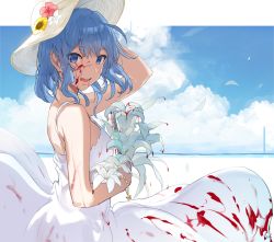 Rule 34 | 1girl, blood, blood on clothes, blood on face, blue eyes, blue hair, blue sky, bouquet, breasts, cloud, dress, empty eyes, flower, hair down, hat, hews, highres, hololive, horizon, hoshimachi suisei, lily (flower), sky, sleeveless, sleeveless dress, solo, sun hat, sundress, virtual youtuber