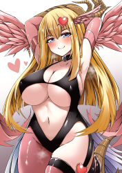 Rule 34 | 1girl, absurdres, alternate breast size, bird legs, blonde hair, blue eyes, blush, breasts, claws, commentary request, commission, duel monster, feathered wings, feathers, hair ornament, harpie girl (yu-gi-oh!), harpy, heart, heart hair ornament, highres, huge breasts, long hair, monster girl, navel, pink feathers, pink wings, revealing clothes, single leg pantyhose, skeb commission, smile, solo, talons, trista (makkoivenus), winged arms, wings, yu-gi-oh!