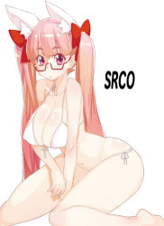 Rule 34 | 1girl, bikini, breasts, curvy, female focus, glasses, hair ribbon, hip focus, large breasts, legs, long hair, navel, pink eyes, pink hair, ribbon, simple background, sitting, solo, srco, string bikini, swimsuit, thick thighs, thighs, twintails, white background, white bikini, whoosaku, wide hips