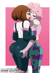 Rule 34 | 2girls, artist name, ashido mina, ass, ass grab, black sclera, bodysuit, boku no hero academia, breast press, breasts, brown eyes, brown hair, colored sclera, eye contact, feet out of frame, felipe godoy, highres, horns, hug, huge ass, kiss, large breasts, looking at another, medium hair, multiple girls, open mouth, pink hair, simple background, spiked hair, standing, symmetrical docking, tongue, tongue out, uraraka ochako, watermark, yellow eyes, yuri