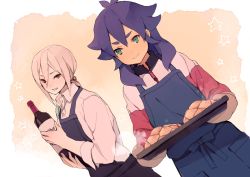 Rule 34 | 2boys, afuro terumi, apron, bad id, bad pixiv id, bottle, dutch angle, green eyes, inazuma eleven (series), inazuma eleven go, kishibe taiga, long hair, male focus, multicolored hair, multiple boys, aged up, open mouth, oven mitts, purple hair, red eyes, smile, tokio neo, tray, two-tone hair