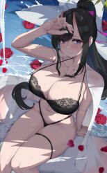 Rule 34 | 1girl, absurdres, alternate breast size, artist name, azur lane, black bra, black hair, black panties, bra, breasts, cleavage, falling petals, flower, grayfoxpochi, high ponytail, highres, horns, lace, lace-trimmed bra, lace trim, large breasts, long hair, mixed-language commentary, open clothes, open shirt, panties, petals, purple eyes, red flower, red rose, rose, ryuuhou (azur lane), shirt, sitting, thigh strap, underwear, very long hair, water, white shirt