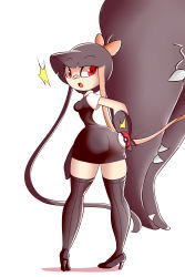 Rule 34 | 1girl, absurdres, ass, bandaid, bandaid on face, bandaid on nose, black dress, black footwear, black hair, black thighhighs, blush, bow, breasts, clothed pokemon, creatures (company), dress, extra mouth, female focus, from behind, full body, game freak, gen 3 pokemon, hair bow, high heels, highres, long hair, looking back, looking to the side, lucyfer, mawile, motion lines, multicolored hair, nintendo, no humans, open mouth, personification, pigeon-toed, pink bow, poke ball, poke ball (basic), pokemon, pokemon (creature), red eyes, school uniform, sharp teeth, shirt, shoes, short sleeves, simple background, sleeveless, sleeveless dress, small breasts, solo, standing, surprised, teeth, thighhighs, twintails, two-tone hair, very long hair, white background, white shirt, zettai ryouiki