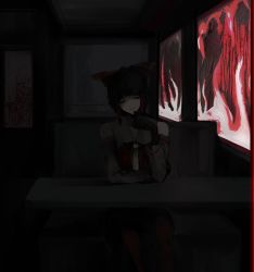 Rule 34 | 1girl, 833 (cookie), black gloves, black hair, blood, blood splatter, booth seating, bow, closed eyes, closed mouth, cookie (touhou), detached sleeves, feet out of frame, gloves, hair bow, hair tubes, hakurei reimu, highres, indoors, medium hair, necktie, on ( l0 ), red bow, red shirt, red skirt, red theme, ribbon-trimmed sleeves, ribbon trim, shirt, sitting, skirt, sleeveless, sleeveless shirt, smile, solo, touhou, white sleeves, window, yellow necktie