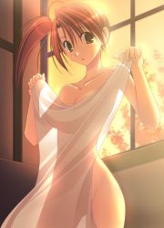 Rule 34 | 1girl, bed sheet, breasts, brown eyes, collarbone, covering privates, groin, holding, long hair, looking at viewer, medium breasts, naked sheet, nude, nude cover, orange hair, original, red hair, see-through, side ponytail, solo, sunset, takepon, window