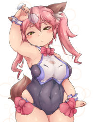 Rule 34 | 1girl, animal ear fluff, animal ears, arm at side, bare shoulders, blush, bow, breasts, brown tail, closed mouth, commentary request, covered navel, cowboy shot, cup, dot nose, green eyes, hair between eyes, hair bow, heo (tkgm), holding, holding cup, large breasts, leotard, original, pink hair, plump, sleeveless, solo, sweatdrop, tail, thick eyebrows, thick thighs, thighs, twintails, white background