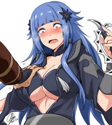 Rule 34 | 10s, 1girl, 2016, blue hair, blue nails, blunt bangs, blush, grabbing another&#039;s breast, breasts, cleavage, constricted pupils, darkmaya, dated, detached collar, embarrassed, eyebrows, grabbing, hair ornament, holding, huge breasts, lie mei (thunderbolt fantasy), long hair, long sleeves, motion lines, nail polish, nose blush, open clothes, open mouth, red eyes, signature, simple background, solo focus, sweat, tears, thick eyebrows, thunderbolt fantasy, underboob, wavy mouth, white background