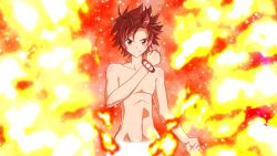 Rule 34 | 1boy, blush, fire, happy, henshin, looking at viewer, male focus, mitsuka souji, nude, ore twintail ni narimasu, red background, red eyes, red hair, red theme, short hair, smile, solo, standing, transformation, yuto (dialique)