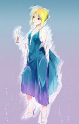 Rule 34 | 1girl, ahoge, alternate costume, artoria pendragon (all), artoria pendragon (fate), bad id, bad pixiv id, blonde hair, blue eyes, breasts, cleavage, cup, dress, drinking glass, fate/stay night, fate (series), formal, high heels, jacket, saber (fate), saifu (sisutakh), shoes, small breasts, solo, wine glass