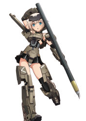 Rule 34 | 1girl, armor, black thighhighs, blue eyes, frame arms girl, gourai, headgear, highres, knife, light brown hair, looking at viewer, mecha musume, non-web source, official art, panties, short hair, skirt, solo, striped clothes, striped panties, thighhighs, underwear, white background