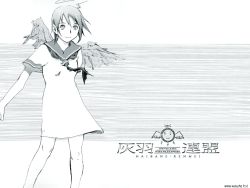 Rule 34 | 00s, 1girl, abe yoshitoshi, angel, angel wings, artist name, dress, greyscale, haibane renmei, hole, monochrome, neckerchief, rakka (haibane), short hair, simple background, smile, solo, standing, torn clothes, wallpaper, white background, wings