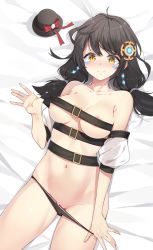 Rule 34 | 1girl, alternate breast size, areola slip, artist request, bare shoulders, bed sheet, belt, belt bra, bikini, bikini pull, black bikini, black hair, black hat, blush, breasts, clothes pull, collarbone, commission, detached sleeves, earrings, elsword, eve (elsword), facial mark, hair ornament, hat, highres, jewelry, long hair, looking at viewer, low twintails, lying, medium breasts, navel, nose blush, on back, pulled by self, second-party source, smile, solo, stomach, string bikini, swimsuit, thighs, top hat, twintails, unworn hat, unworn headwear, yellow eyes