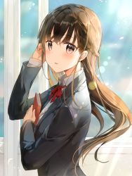 Rule 34 | 1girl, adjusting hair, arm up, black jacket, blazer, blush, book, braid, brown hair, collared shirt, commentary request, day, french braid, from side, fuumi (radial engine), hallway, holding, holding book, indoors, jacket, light rays, long hair, long sleeves, looking at viewer, looking to the side, neck ribbon, open clothes, open jacket, original, parted lips, red ribbon, ribbon, school uniform, shirt, solo, sunbeam, sunlight, tareme, upper body, white shirt, window, wing collar