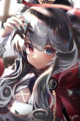 Rule 34 | 1girl, absurdres, arknights, bad id, bad pixiv id, blue eyes, blue nails, blush, commentary, hair between eyes, heterochromia, highres, kyoro ina, long hair, looking at viewer, nail polish, red eyes, rosa (arknights), signature, silver hair, solo, upper body