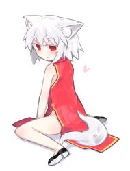 Rule 34 | 1girl, absurdres, alternate costume, animal ear fluff, animal ears, bare arms, bare shoulders, black footwear, blush, china dress, chinese clothes, clothing cutout, colored eyelashes, dress, full body, hair between eyes, heart, highres, inubashiri momiji, kibisake, looking at viewer, looking back, parted lips, red dress, red eyes, shadow, shoe soles, shoes, silver hair, sitting, sleeveless, sleeveless dress, solo, tail, tail through clothes, thick eyebrows, touhou, wariza, white background, wolf ears, wolf girl, wolf tail