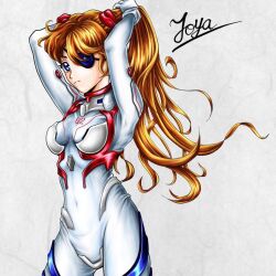 Rule 34 | 1girl, arms up, artist request, bodysuit, breasts, evangelion: 3.0+1.0 thrice upon a time, eyepatch, floating hair, interface headset, long hair, looking at viewer, medium breasts, neon genesis evangelion, pilot suit, plugsuit, rebuild of evangelion, simple background, solo, souryuu asuka langley, white bodysuit, wide hips
