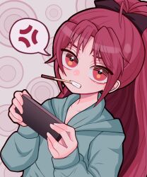 Rule 34 | 1girl, anger vein, blue jacket, bow, cellphone, circle, collarbone, food, food in mouth, hair bow, highres, holding, holding phone, jacket, keropiki, long hair, looking at viewer, looking up, mahou shoujo madoka magica, phone, playing games, pocky, pocky in mouth, ponytail, red eyes, red hair, sakura kyoko, smartphone, spoken anger vein