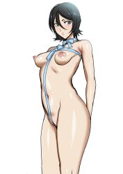 Rule 34 | 1girl, akikusa peperon, arms behind back, black eyes, black hair, bleach, blue ribbon, blush, breasts, closed mouth, cowboy shot, groin, hair between eyes, highres, kuchiki rukia, looking at viewer, medium breasts, medium hair, naked ribbon, navel, nipples, nude, puffy nipples, pussy, ribbon, shiny skin, short hair, simple background, solo, standing, stomach, thighs, white background