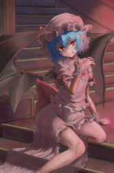 Rule 34 | 1girl, awayuki tobari, bat wings, blood, blue hair, bow, collar, collared dress, dress, eyebrows, fang, female focus, frilled dress, frilled hat, frills, hair ornament, hat, highres, large bow, leaning, light, long dress, looking at viewer, necktie, pink dress, puffy sleeves, red bow, red eyes, remilia scarlet, sash, short hair, short sleeves, sitting, slit pupils, smile, stairs, touhou, vampire, wings, wrist cuffs