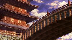 Rule 34 | absurdres, blue sky, bridge, cloud, cloudy sky, commentary, day, highres, no humans, original, pagoda, scenery, sky, yudai (yu dhi ai)