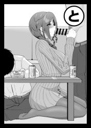 Rule 34 | 1girl, 2boys, alcohol, beer, beer can, can, cheating (relationship), drink can, fellatio, highres, husband and wife, monochrome, multiple boys, netorare, nitou inko, oral, original, sleeping, tagme