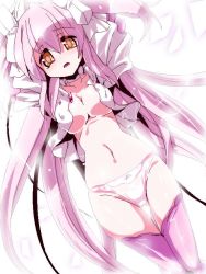 Rule 34 | 10s, 1girl, breasts, choker, cleavage, dress, gluteal fold, kaname madoka, long hair, mahou shoujo madoka magica, mahou shoujo madoka magica (anime), miuku (marine sapphire), open clothes, open dress, panties, pink hair, pink thighhighs, solo, thighhighs, ultimate madoka, underwear, very long hair, white panties, yellow eyes