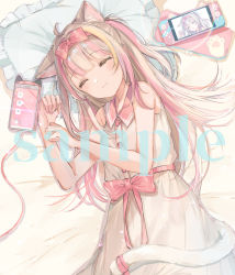 Rule 34 | 1girl, ^ ^, amemiya ayune, animal ear fluff, animal ears, bare arms, bare shoulders, bed sheet, bow, brown dress, brown hair, cat ears, cat girl, cat tail, cellphone, charger, closed eyes, closed mouth, collared dress, dress, frilled pillow, frills, hair bow, hands up, indie virtual youtuber, long hair, lying, mochitsuki usa, multicolored hair, official art, on side, phone, pillow, pink bow, pink hair, revision, sample watermark, sleeveless, sleeveless dress, smile, solo, streaked hair, tail, two side up, very long hair, virtual youtuber, watermark