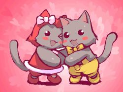 Rule 34 | 1boy, 1girl, :3, :d, ;d, black eyes, blush stickers, bow, bowtie, cat, couple, dress, face-to-face, heart, heart background, hetero, hood, hug, looking at viewer, lowres, marl kingdom, naked overalls, nippon ichi, nyanko (marl kingdom), oekaki, one eye closed, open mouth, overalls, pekonyan, pink background, pink theme, pokonyan (marl kingdom), shoes, smile, standing, wink
