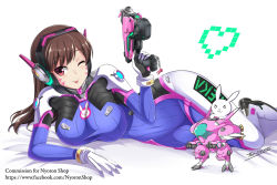 Rule 34 | 1girl, ;p, bodysuit, breasts, brown eyes, brown hair, d.va (overwatch), facial mark, gun, headphones, impossible clothes, large breasts, long hair, looking at viewer, lying, meka (overwatch), one eye closed, overwatch, overwatch 1, pilot suit, rabbit, skin tight, solo, the-sinner, tongue, tongue out, weapon, whisker markings