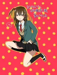 Rule 34 | 1girl, beelzebub (manga), brown eyes, brown hair, furuichi honoka, long hair, necktie, pink background, school uniform, shoes, side ponytail, skirt, socks, tongue