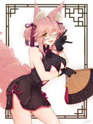 Rule 34 | 1girl, ;d, animal ear fluff, animal ears, black dress, black gloves, breasts, brown eyes, dress, fate/extra, fate (series), fox ears, fox tail, glasses, gloves, grey-framed eyewear, hair between eyes, hand fan, highres, holding, holding fan, koyanskaya (chinese lostbelt outfit) (fate), koyanskaya (fate), long hair, looking at viewer, medium breasts, one eye closed, open mouth, pink hair, print dress, short dress, sleeveless, sleeveless dress, smile, solo, standing, suna co, tail, tamamo (fate), tamamo no mae (fate/extra), underboob, white background