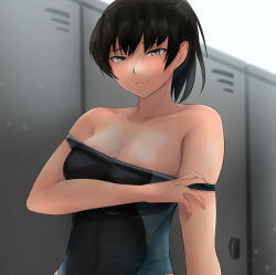 Rule 34 | 1girl, amagami, bare shoulders, black eyes, black hair, breasts, cleavage, closed mouth, competition swimsuit, highres, large breasts, locker, locker room, looking at viewer, medium breasts, one-piece swimsuit, ponytail, smile, solo, swimsuit, tan, tanline, tsukahara hibiki, yoo tenchi