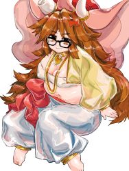 Rule 34 | 1girl, barefoot, black-framed eyewear, bow, breasts, brown eyes, brown hair, cleavage, commentary request, elephant hat, fate/grand order, fate (series), ganesha (fate), glasses, hair bow, highres, jewelry, jinako carigiri, large breasts, long hair, long sleeves, looking at viewer, navel, plump, shiratori yokikana, simple background, smile, solo, very long hair, white background