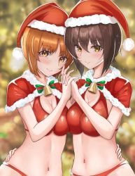 Rule 34 | 2girls, bell, bikini, blurry, blurry background, blush, bow, bowtie, breasts, brown eyes, brown hair, capelet, christmas, cleavage, closed mouth, commentary, fur-trimmed capelet, fur trim, girls und panzer, green bow, green bowtie, halterneck, hand on another&#039;s waist, hat, highres, holding hands, interlocked fingers, mamaa (maeni6379), medium breasts, multiple girls, navel, neck bell, nishizumi maho, nishizumi miho, red bikini, red capelet, red headwear, santa bikini, santa hat, short hair, siblings, side-by-side, sisters, smile, swimsuit