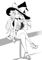 Rule 34 | 1girl, :3, alternate costume, arm support, bare legs, bare shoulders, bow, breasts, camisole, casual, contemporary, crossed legs, floral print, full body, greyscale, hair bow, hair ribbon, happy, hat, hat bow, high heels, kirisame marisa, komojino-u, legs, long hair, looking at viewer, miniskirt, monochrome, on fence, ribbon, simple background, sitting, sitting on fence, skirt, small breasts, smile, solo, tank top, touhou, tress ribbon, wavy hair, white background, witch hat