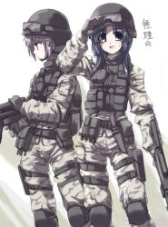 Rule 34 | 00s, 2girls, :d, asakura ryouko, belt pouch, blue eyes, blue hair, camouflage, gloves, goggles, goggles on head, gun, helmet, knee pads, knife, light purple hair, load bearing vest, long hair, long sleeves, looking at viewer, military, multiple girls, nagato yuki, open mouth, pouch, shading eyes, sheath, sheathed, short hair, smile, suzumiya haruhi no yuuutsu, thigh pouch, tokyo (great akuta), weapon, yellow eyes