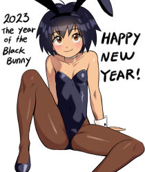 Rule 34 | 1girl, 2023, absurdres, animal ears, animification, black footwear, black hair, black leotard, blush, breasts, brown eyes, chinese zodiac, cleavage, collar, english text, fake animal ears, happy new year, highres, leotard, mangamaster, marvel, new year, pantyhose, peni parker, playboy bunny, rabbit ears, shoes, short hair, simple background, sitting, small breasts, smile, solo, spider-man: into the spider-verse, spider-man (series), spider-verse, strapless, strapless leotard, white background, wrist cuffs, year of the rabbit