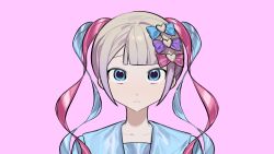 1girl blonde_hair blue_bow blue_eyes blue_hair bow chouzetsusaikawa_tenshi-chan expressionless hair_bow hair_ornament highres long_hair looking_at_viewer multicolored_hair needy_girl_overdose pink_background pink_bow pink_hair pkunooo portrait purple_bow quad_tails sailor_collar school_uniform serafuku shirt