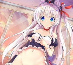 Rule 34 | 1girl, absurdres, ahoge, animal ears, azur lane, bad id, bad pixiv id, bare shoulders, black bow, black dress, blue eyes, bow, cat ears, choker, closed mouth, clothes lift, cloud, collarbone, commentary request, detached sleeves, dress, dress lift, fingernails, groin, hair between eyes, hair bow, hair intakes, hair ribbon, hammann (azur lane), highres, indoors, lifted by self, long hair, mitsuhamochi, nail polish, navel, no panties, one side up, out-of-frame censoring, pink nails, puffy short sleeves, puffy sleeves, red choker, red ribbon, remodel (azur lane), ribbon, short sleeves, silver hair, sky, solo, strapless, strapless dress, sunset, very long hair, wavy mouth, window, wrist cuffs
