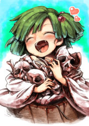 Rule 34 | 1girl, blush, bucket, commentary request, closed eyes, green hair, hair bobbles, hair ornament, happy, harusame (unmei no ikasumi), heart, highres, in bucket, in container, japanese clothes, kisume, long sleeves, open mouth, saliva, simple background, skeleton, skull, smile, solo, tongue, touhou, twintails, uvula, wide sleeves
