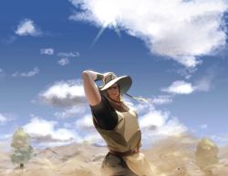 Rule 34 | 1boy, arm up, belt, black shirt, blonde hair, blue eyes, blue sky, cigarette, closed mouth, cloud, cloudy sky, cowboy hat, desert, egypt, hat, hol horse, jojo no kimyou na bouken, long hair, looking at viewer, outdoors, shirt, short sleeves, sky, smile, solo, stardust crusaders, zouhyou (at4190)