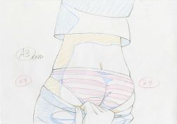 Rule 34 | 10s, 1girl, ass, assisted exposure, back, butt crack, clothes pull, color trace, from behind, grey background, highres, key frame, kill la kill, lower body, matoi ryuuko, official art, panties, pants, pants pull, panty pull, pantyshot, partially colored, production art, pulling another&#039;s clothes, red panties, shirt, simple background, solo, solo focus, striped clothes, striped panties, trigger (company), underwear, white background