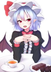 Rule 34 | 1girl, alternate costume, bat wings, blue hair, bow, bowtie, center frills, chocolate, cup, fang, frills, hat, hat ribbon, interlocked fingers, junior27016, long sleeves, mob cap, open mouth, pointy ears, red bow, red bowtie, red eyes, red ribbon, remilia scarlet, ribbon, short hair, simple background, sitting, solo, table, teacup, touhou, valentine, wings, wrist cuffs
