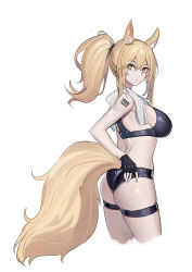 Rule 34 | 1girl, animal ear fluff, animal ears, arknights, ass, barcode, barcode tattoo, bare arms, bare shoulders, bikini, black bikini, black gloves, blonde hair, breasts, closed mouth, cropped legs, echj, fingerless gloves, from side, gloves, highres, horse ears, horse girl, horse tail, large breasts, long hair, looking at viewer, looking to the side, nearl (arknights), orange eyes, ponytail, revision, shoulder tattoo, simple background, skindentation, solo, swimsuit, tail, tattoo, thigh strap, thighs, towel, towel around neck, white background
