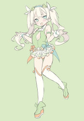 Rule 34 | 1girl, :d, blade (galaxist), blush, boots, breasts, copyright request, dress, earrings, elf, fang, full body, green background, green dress, green eyes, green footwear, green hairband, hair ribbon, hairband, hands up, jewelry, light brown hair, long hair, open mouth, over-kneehighs, pointy ears, ribbon, simple background, skin fang, small breasts, smile, solo, standing, standing on one leg, stud earrings, thighhighs, twintails, very long hair, white ribbon, white thighhighs, wrist cuffs